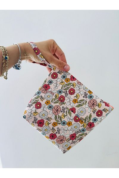White Alamode Flower Patterned Zippered Multi-Purpose Handbag