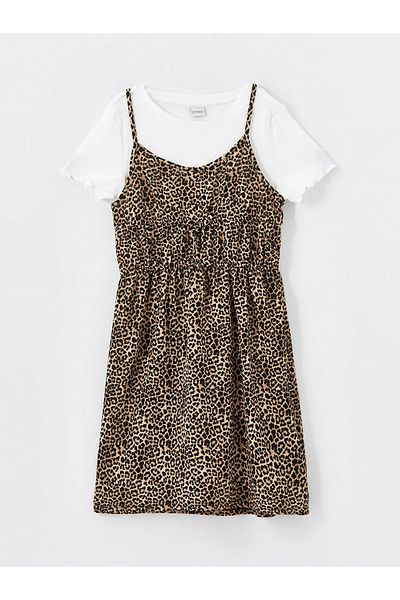 LC Waikiki Leopard Patterned Girls' Dress and T-Shirt