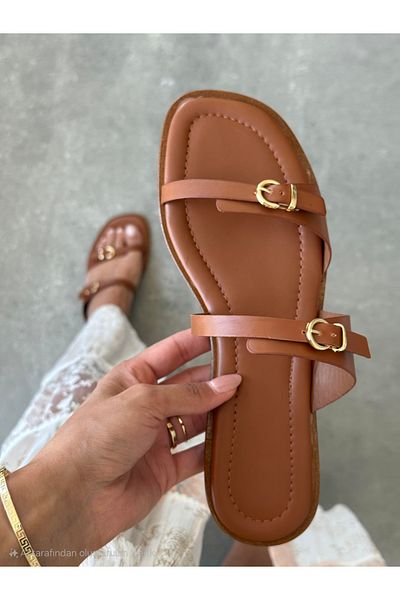 Lorenn Liora Tan Matte Skin Double Tape Belt Detailed Flat Sole Women's Slippers