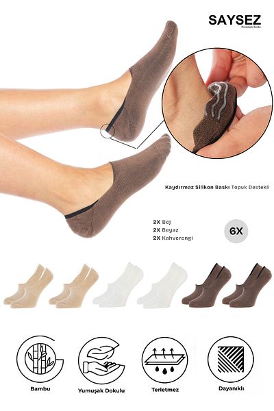 SAYSEZ Bamboo Women's Ballerina Colorful Socks Seamless Invisible Non-Slip Heel Silicone Premium Pack of 6