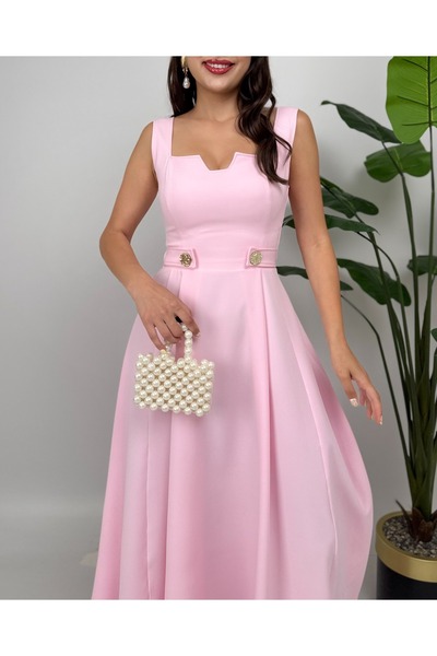 Butik Pembe Kemer Düğmeli Elbise
