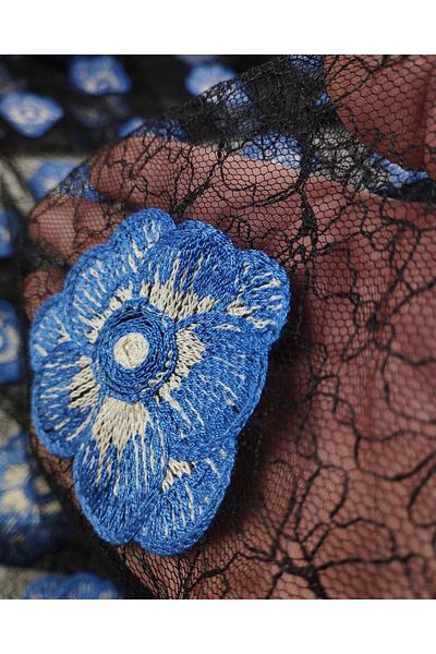 Kumaş Parça Blue Black Tulle with Floral Embroidery (Width 140 cm X Length 310 cm)