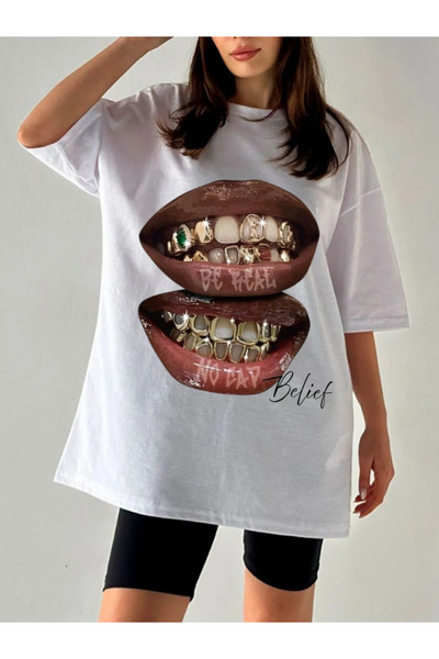 shidumanlar DUDAK Tasarım Baskılı Oversize Bisiklet Yaka T-Shirt