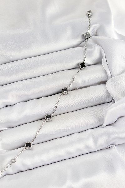 Clariss 316L Steel Black Clover Model Silver Color Women's Bracelet