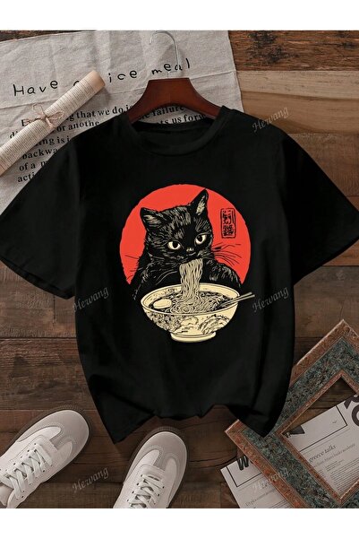 OVER HEAD Unisex Noodle Cat cu imprimeu supradimensionat tricou