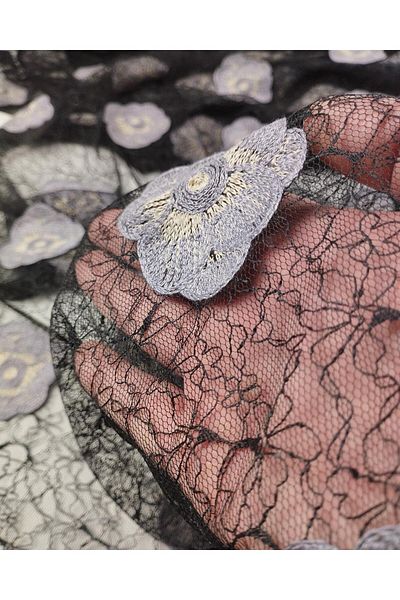 Kumaş Parça Lila Black Floral Embroidered Tulle (Width 140 cm X Length 300 cm)