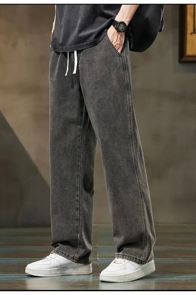 moda camiya Elastic Waist Straight Leg Relaxed Cut Anthracite Men's Baggy Jean Trousers