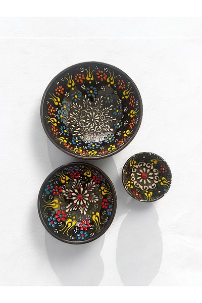 Artistic Quality Decorative 3 Pieces Black Tulip Tile Designed Fully Handmade Snack Bowl-Sauce Bowl-Breakfast Bowl