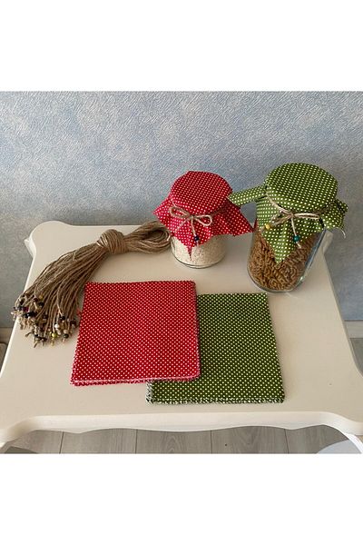 AdaEsintisi 50 Pieces of Red and Green Polka Dot Red Jar Lid Fabric (Cover) and Beaded Binding Rope