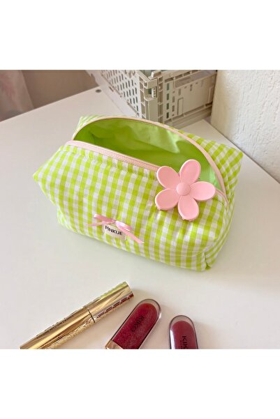 PİNKUE حقيبة مكياج وعناية منقوشة باللون الأخضر الليموني من بينكيو