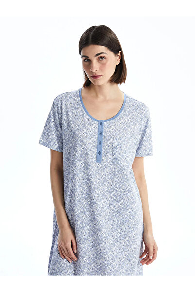 LC Waikiki Blue U-Neck Patterned Women's Nightgown