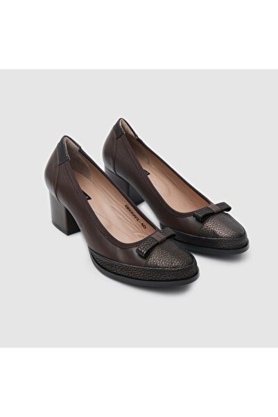 TOGO Kahverengi Hakiki Deri Kadın Kalın Topuklu Ayakkabı [060093]
