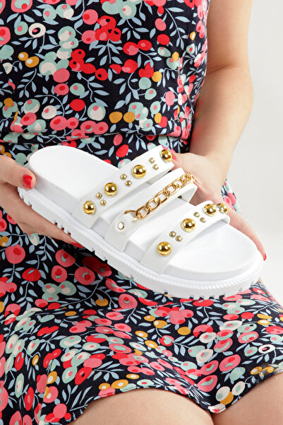 PAYZİN '' CELİNE '' Λευκές δερμάτινες παντόφλες με 3 ρίγες και αξεσουάρ σε χρ...