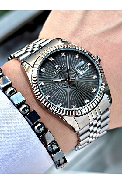 Bentini Men's Watch with Calendar and Stone – Steel Band, Waterproof, 2-Year Warranty, Gift Bracelet