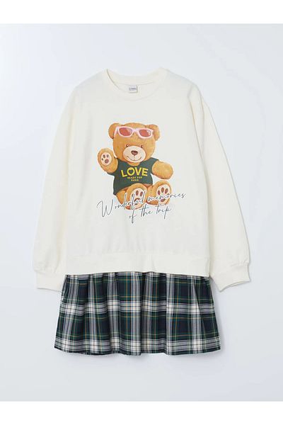 LC Waikiki Crew Neck Bear Teddy Printed Girl's Dress