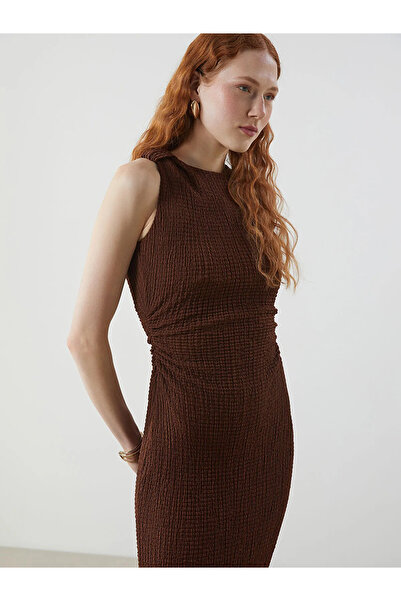 LC Waikiki Brown Crew Neck Textured Dress