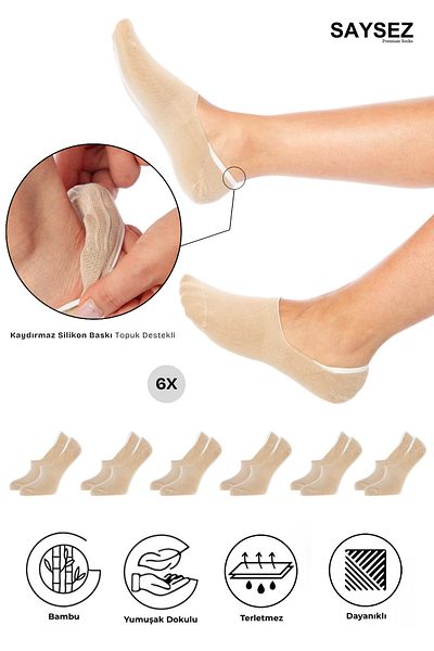 SAYSEZ Bamboo Women's Ballerina Beige Socks Seamless Invisible Non-Slip Heel Silicone Premium Pack of 6