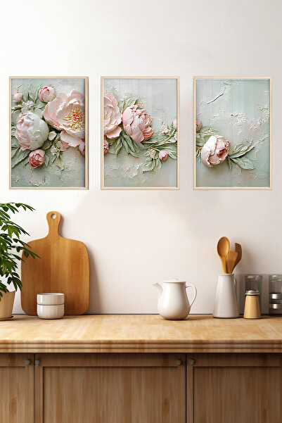 kutuTR 🖼️ Çerçeveli 3'lü Tablo Seti – Pembe Beyaz Çiçekler Desenli MDF UV Ba...