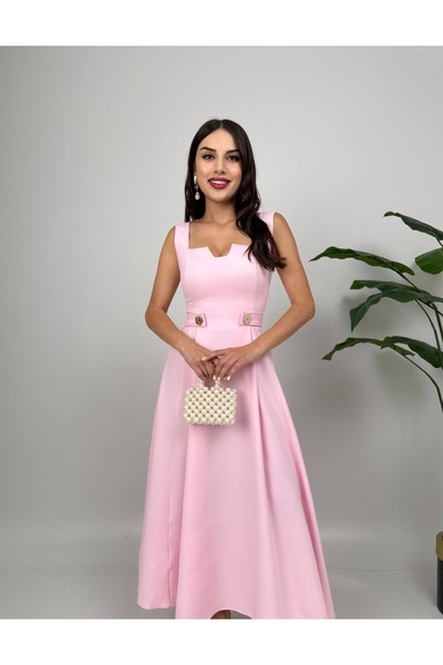 Butik Pembe Kemer Düğmeli Elbise