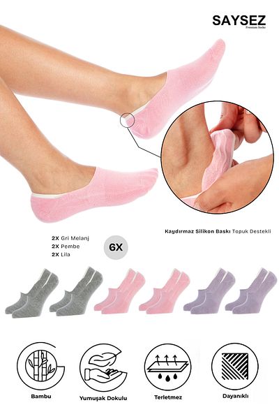 SAYSEZ Bamboo Women's Ballerina Colorful Socks Seamless Invisible Non-Slip Heel Silicone Premium Pack of 6