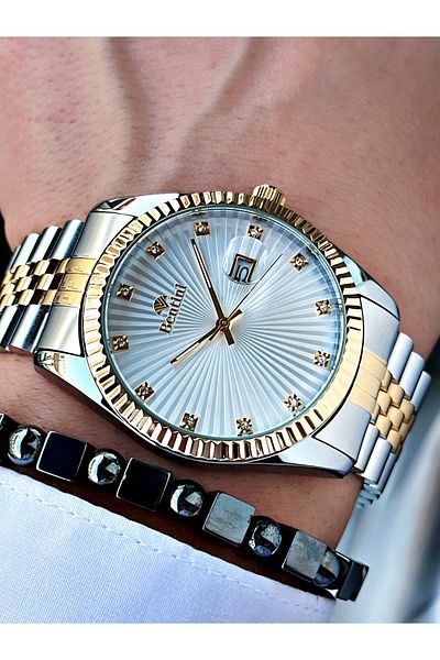Bentini Men's Watch with Calendar and Stone – Steel Band, Waterproof, 2-Year Warranty, Gift Bracelet