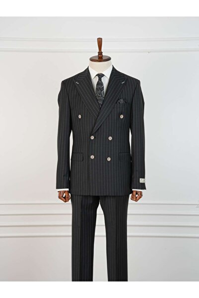 PAREZ Premium Yünlü Erkek Kruvaze Takım Elbise Slim Fit İtalyan Stil Ceket Pa...