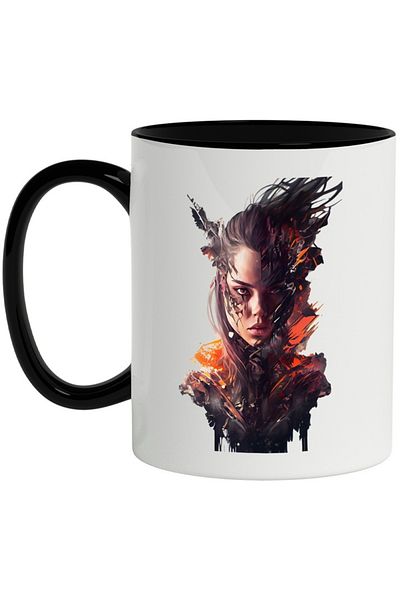 INOVATIX Personalized white mug, Woman, Sci-Fi, War, Flames, Fighter, with Black Handle, INOVATIX®. 330ml