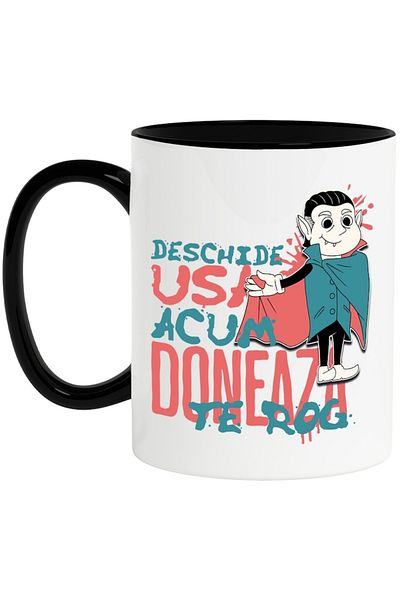 INOVATIX Personalized white mug, Dracula-Open the door now donate please, with Black Handle, INOVATIX®. 330ml