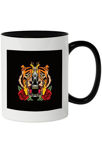 INOVATIX Personalized white mug, Tiger, Skull, Flames, Roses, with Black Handle, INOVATIX®. 330ml