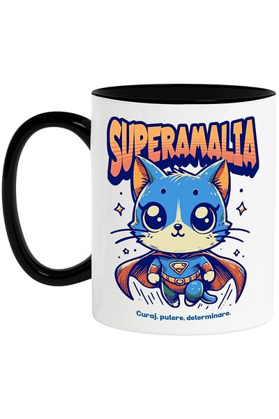 INOVATIX Personalized white mug, Super Amalia, Superhero, Flying Cat, with Black Handle, INOVATIX®. 330ml