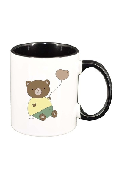 INOVATIX Cană albă personalizată, Ursuleț desenat cu balon, interior negru, D...