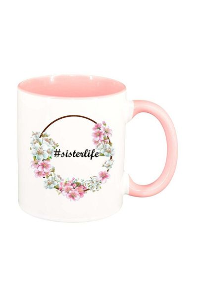 INOVATIX Personalized white mug, Flowers, #sisterlife, pink interior, D1042, INOVATIX®. 330ml