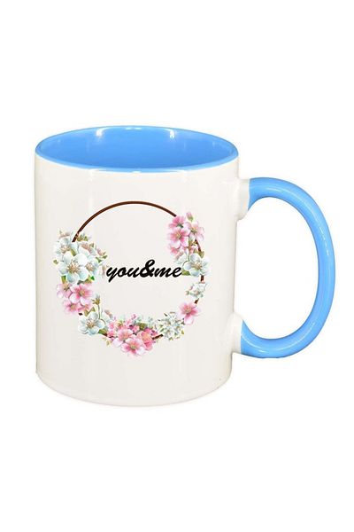 INOVATIX Personalized white mug, Flowers, You&Me, blue interior, D1044, INOVATIX®. 330ml