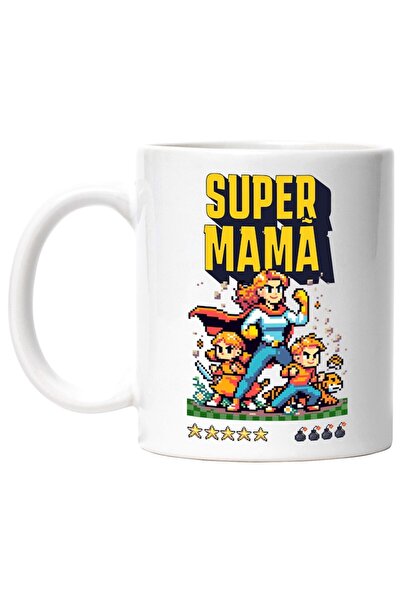 INOVATIX Εξατομικευμένη λευκή κούπα, Super Mama + pixelart βιντεοπαιχνίδι fam...