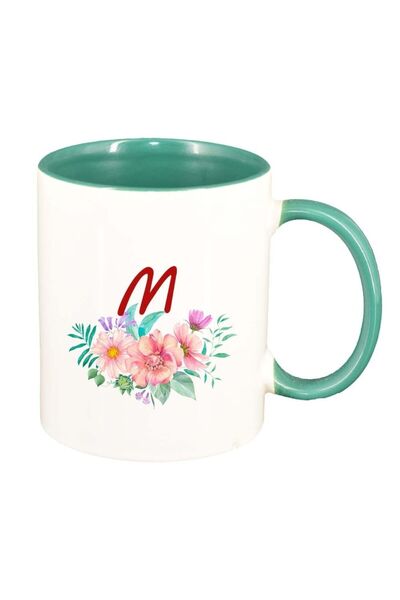 INOVATIX Εξατομικευμένη λευκή κούπα, Λουλούδια με αλφάβητο, πράσινο εσωτερικό...