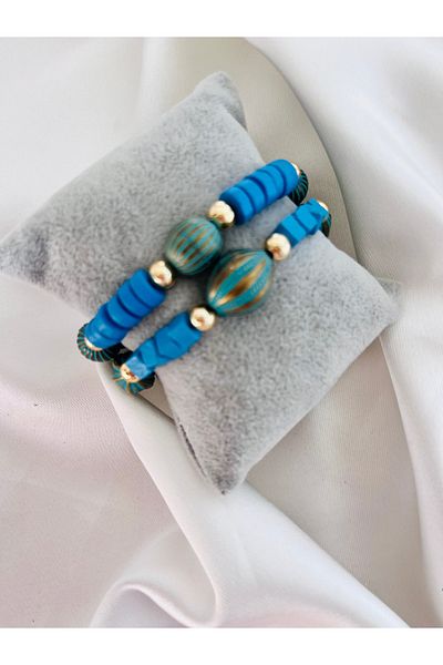 COCOSH TAKI Turquoise Dark Blue Wooden Beads Multi Bracelet with Gold Details