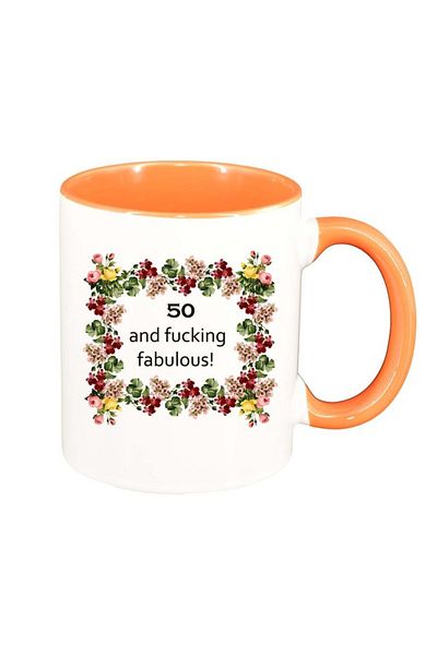 INOVATIX Personalized white mug, Flowers, I`m fabulous, orange interior, D1060, INOVATIX®. 330ml