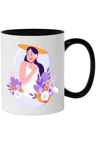INOVATIX Personalized white mug, Flowers, Bubbles, Hat, Dress, with Black Handle, INOVATIX®. 330ml