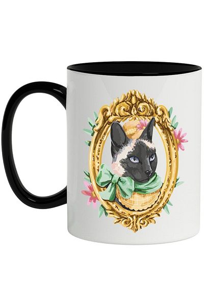 INOVATIX Personalized white mug, Painting, Cat, Portrait, Bow, Flowers, with Black Handle, INOVATIX®. 330ml