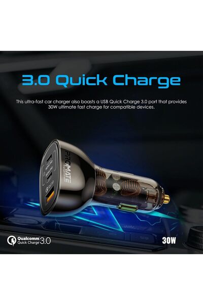 Promate TransDrive-80W Transparent Multi-Port Car Charger (Dual USB-C PD, QC 3.0 USB-A)