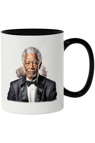 INOVATIX Personalized white mug, Morgan Freeman, Actor, Celebrity, Movie, with Black Handle, INOVATIX®. 330ml