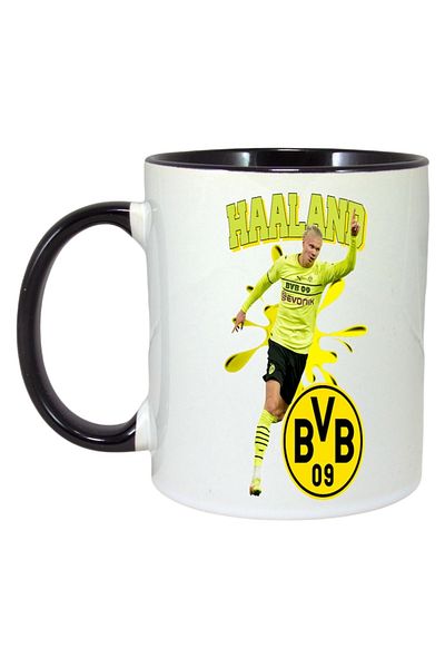 INOVATIX Personalized White Mug, Haaland Borussia, Black Handle and Interior, ®. 330ml
