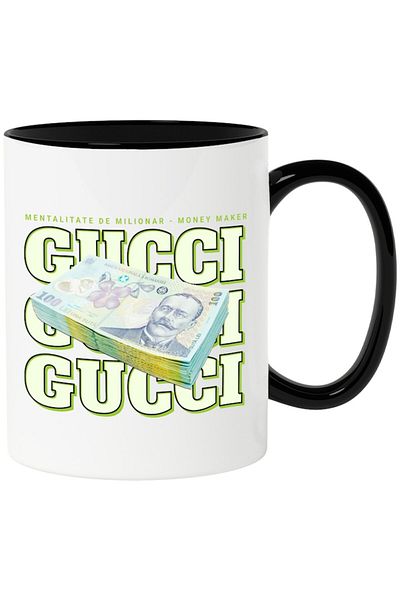 INOVATIX Personalized white mug, __Gucci_ - 100 Romanian Lei, with Black Handle, INOVATIX®. 330ml
