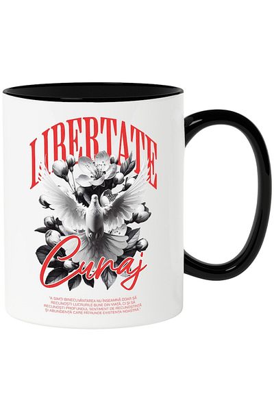 INOVATIX Personalized white mug, Freedom and Courage - Dove, Flowers, with Black Handle, INOVATIX®. 330ml