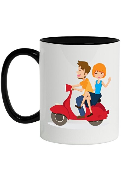 INOVATIX Εξατομικευμένη λευκή κούπα, Scooter, Ζευγάρι, Οδήγηση, με μαύρη λαβή...