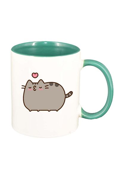 INOVATIX Personalized white mug, Emoji Cat, green interior, D1014, INOVATIX®. 330ml