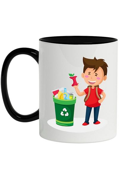 INOVATIX Personalized white mug, Child, Schoolbag, Recycling, Apple, with Black Handle, INOVATIX®. 330ml