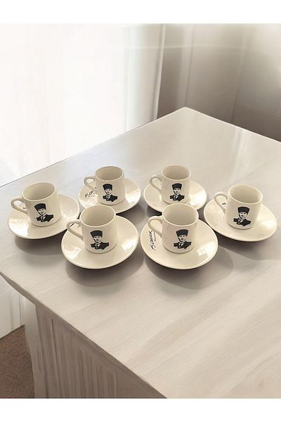 Artistic Quality Decorative Mustafa Kemal Atatürk Printed Porcelain Turkish Coffee Cup Set for 6 People