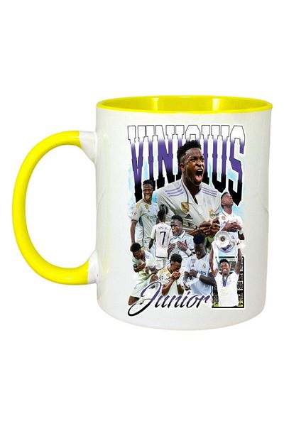 INOVATIX Personalized White Mug, Vinicius Junior Cup, Yellow Handle and Interior, ®. 330ml
