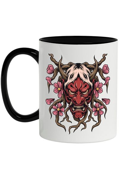 INOVATIX Personalized white mug, Mask, Oni, Flowers, Branches, with Black Handle, INOVATIX®. 330ml